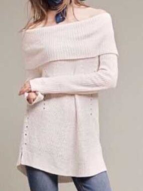 Anthropologie Moth Lucerne Oversized Off Shoulder Ecru Chenille Sweater